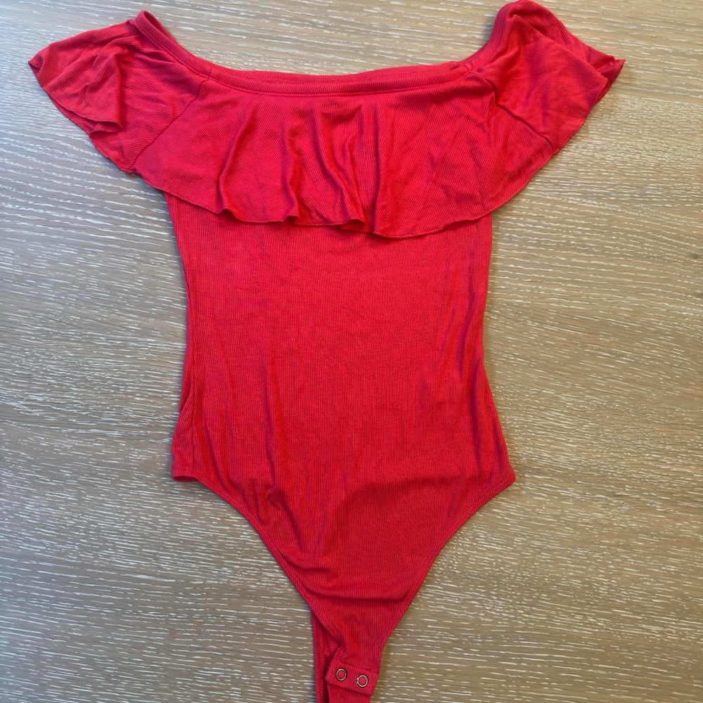 Express Red Ribbed Off the Shoulder Bodysuit | Size S | GUC